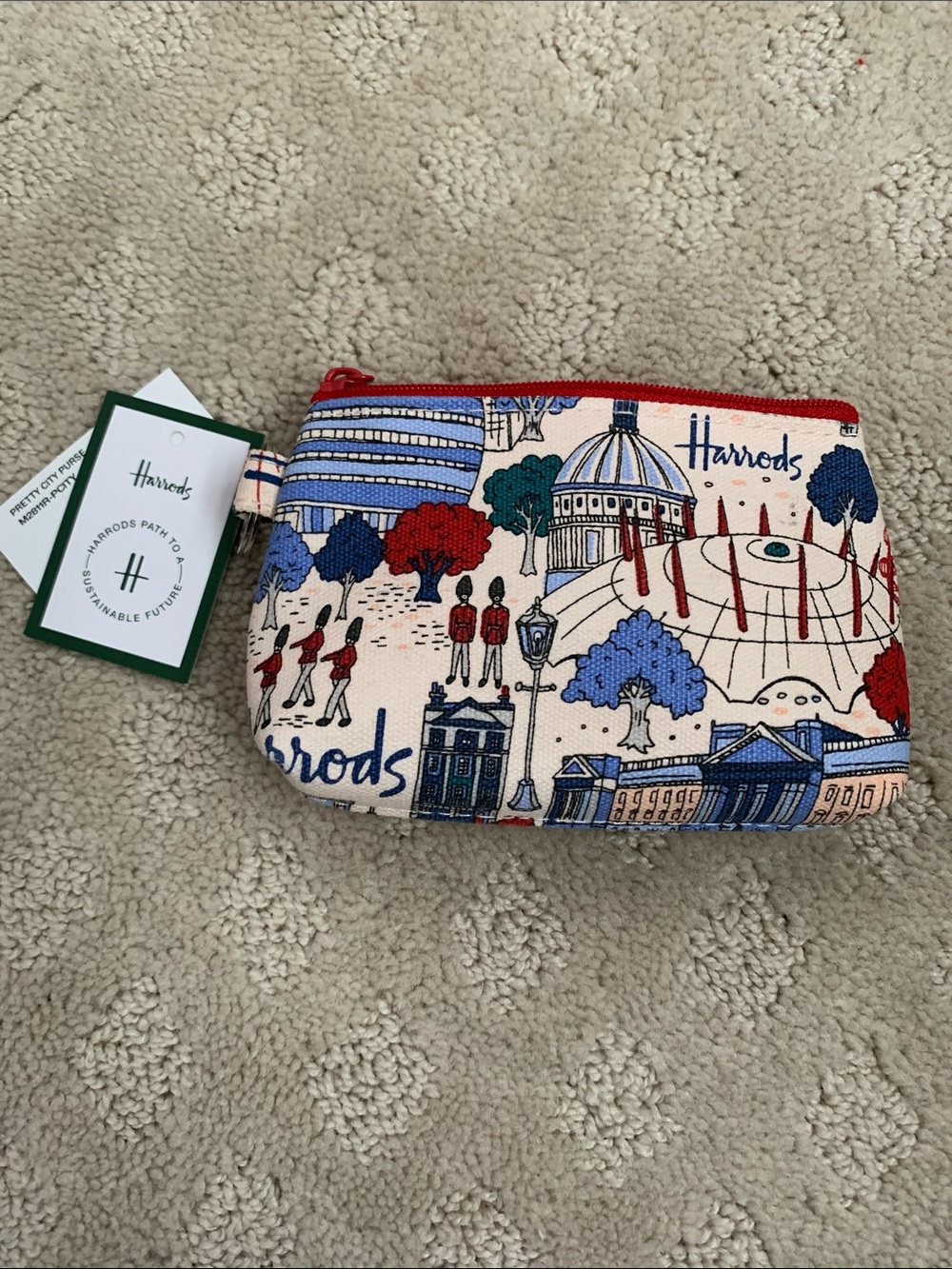 Harrods Illustrated Canvas Coin Pouch – Red, Blue, Cream
